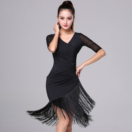 Women black red tassels v neck long sleeves latin dance dresses for female salsa rumba chacha dance fringe dresses 